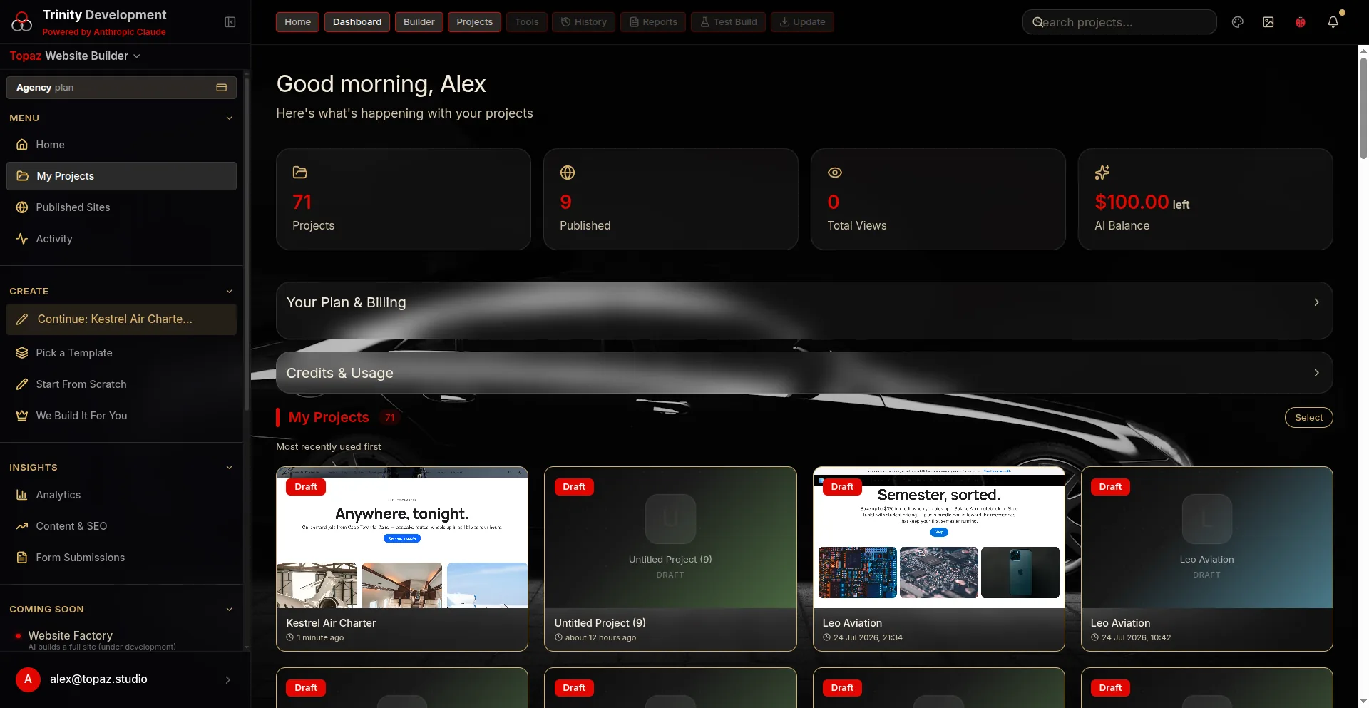 The Topaz dashboard — projects, plan and credits at a glance, shown with one of many background looks